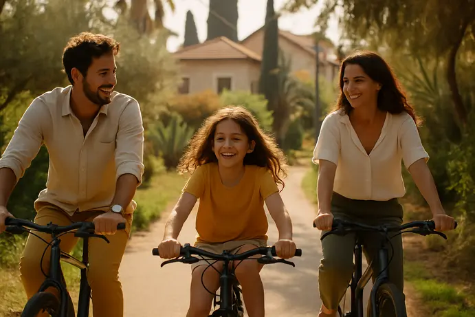 משפחה צעירה רוכבת על אופניים בשביל ירוק בפרדס חנה