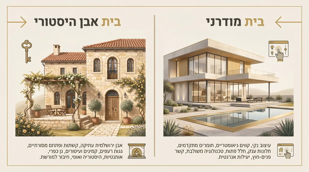 השוואה בין בית מודרני לבית אבן היסטורי בזכרון יעקב