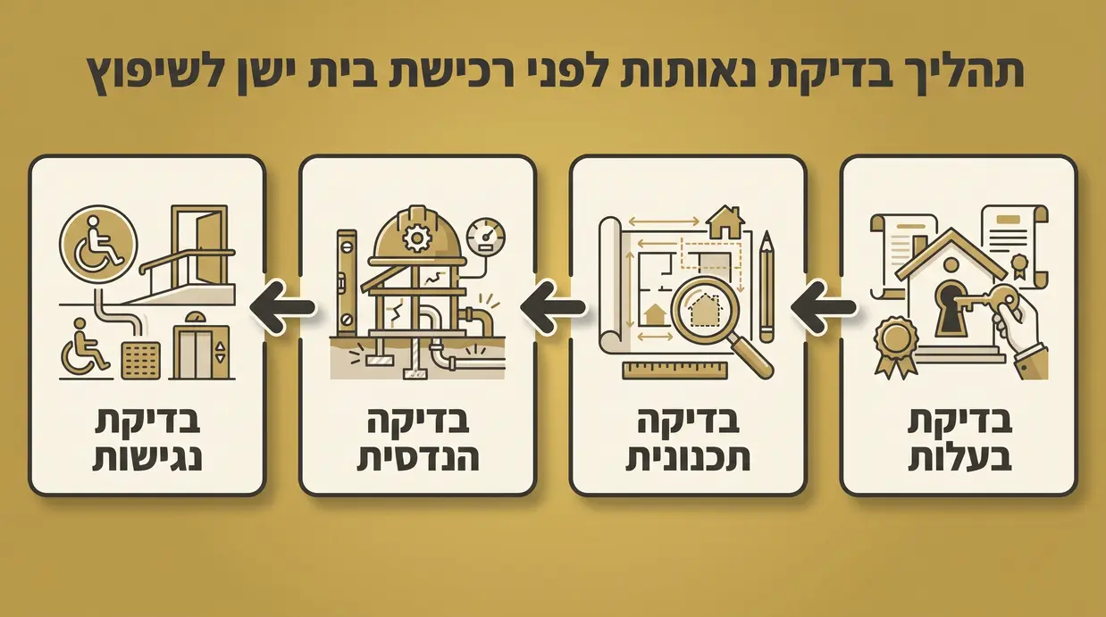 תרשים בעברית המציג שלבים בבדיקות חובה לפני רכישת בית לשיפוץ