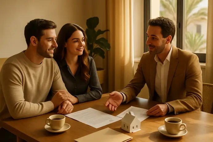 מפגש במשרד תיווך מואר בין סוכנת נדל״ן לזוג לקוחות