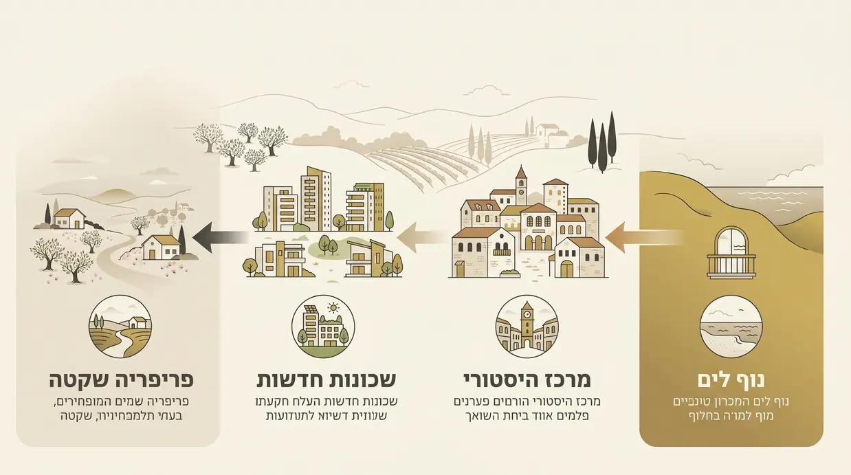 מפת מושבה סכמטית המציגה אזורים שונים בזכרון יעקב