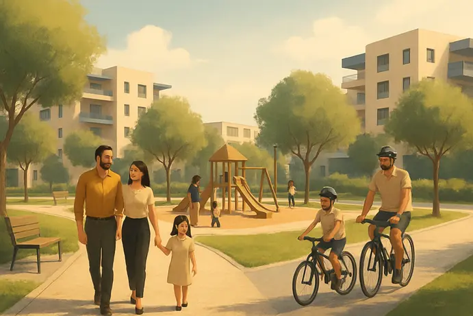 איור קונספטואלי של פארק מודרני באור ים עם משפחות וילדים