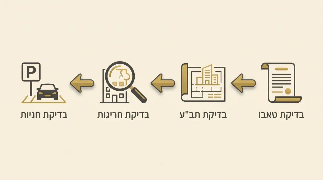 אינפוגרפיקה בעברית המציגה את שלבי הבדיקות לפני רכישת נכס
