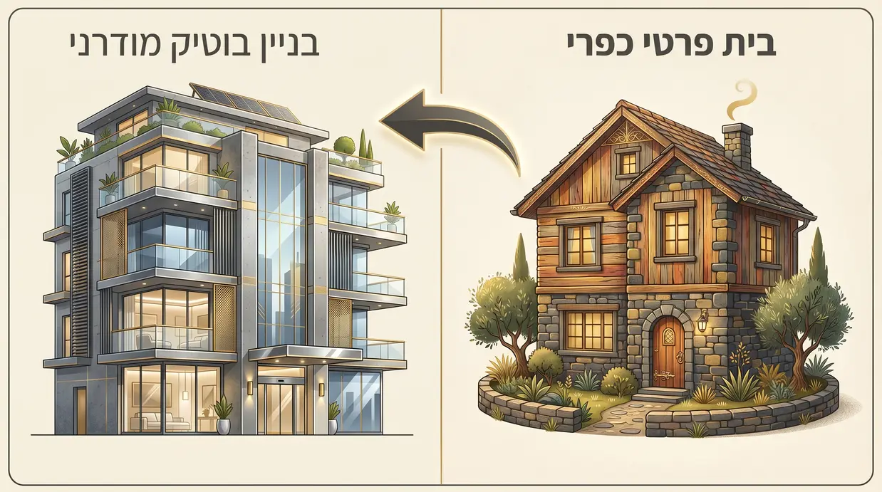אינפוגרפיקה בעברית המשווה בין בית פרטי כפרי לבניין בוטיק מודרני בפרדס חנה כרכור