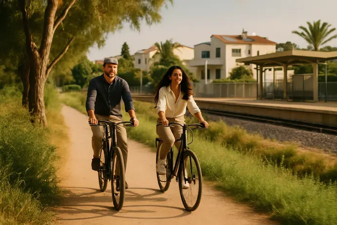 זוג רוכב על אופניים בשביל ירוק סמוך לתחנת הרכבת בפרדס חנה כרכור