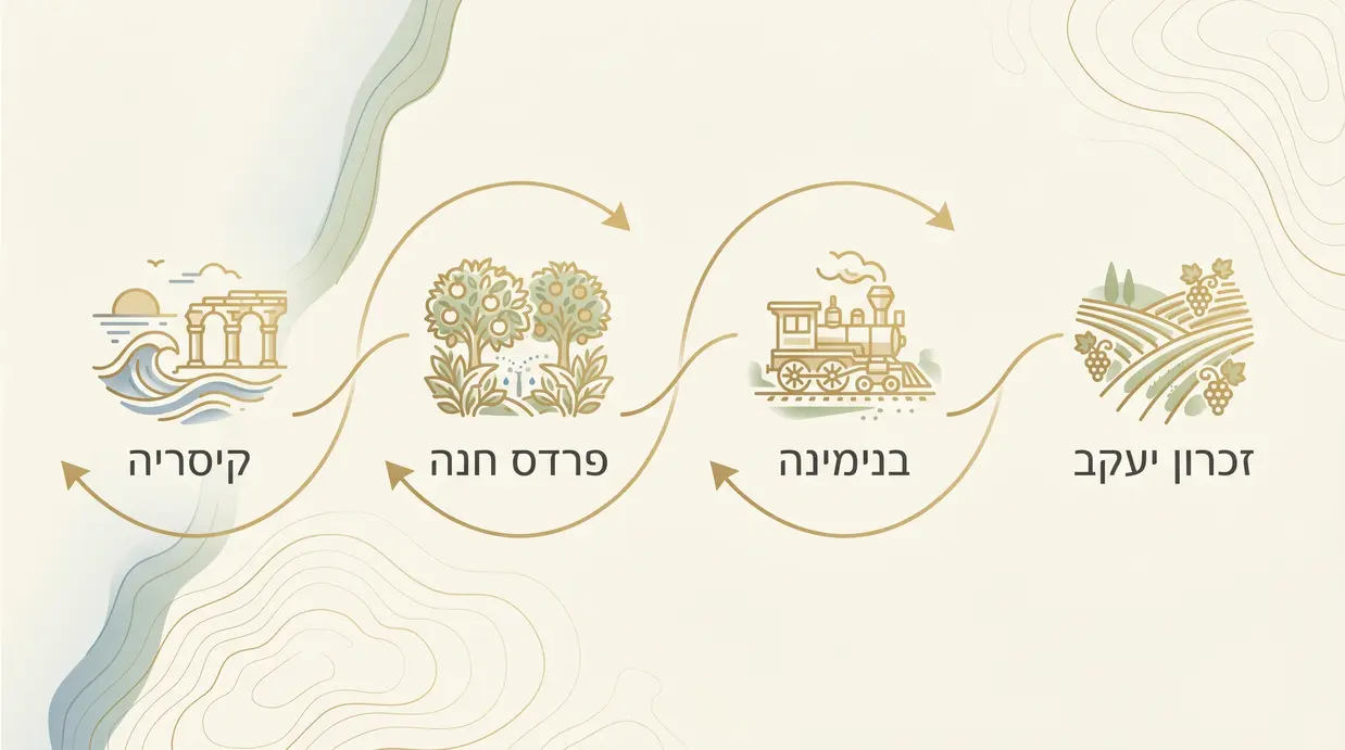 מפה סכמטית בעברית של זכרון יעקב והיישובים הסמוכים